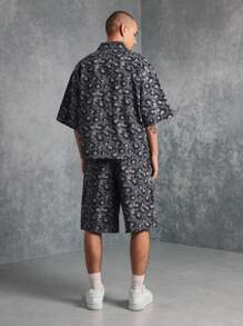 SUMWON Designer Leopard Print Denim Co-Ord Set Short Sleeve Shirt And Bermuda Shorts Street Style Urban Fashion Casual Summer Spring Outfit Streetwear Matching Set - Grey - View 2