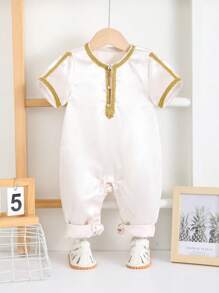 SHEIN Newborn Baby Boys Lovely Gold Short Sleeve Jumpsuit Suitable For Birthday Party, Evening Gala, Performance, Wedding, One-Month, Christening And 1st Birthday Celebration, Summer - Multicolor - View 3