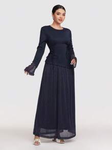 Modelyn Women's Elegant Glittery Splice Criss-Cross Tie Waist Dress, Autumn Long Evening Dresses