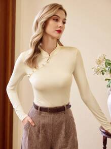 Vintamour 复古优雅女式立领长袖T恤，修身款，杏色长袖上衣新年女装冬装女士优雅复古服装情人节外出上衣休闲中国新年 - 杏色 - 查看 5