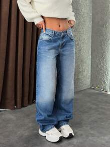 EURMUSE Low Waist Back Pocket Detailed Baggy Jean - Medium Wash - View 6