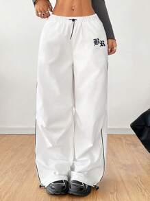NORVETH Unisex Casual Loose Woven Wide-Leg Drawstring Waist Trousers, Sports Pants - White - View 3