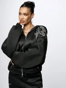 SUMWON WOMEN 水钻装饰慢跑运动服冬季秋季家居服运动服现代运动休闲两件套拉链前运动服 - 黑色 - 查看 3