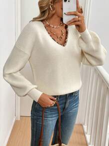SHEIN Frenchy Women Leopard Print Patchwork Colour Blocking Trims V-Neck Drop Shoulder Long Sleeve Loose Casual Pullover Sweater,Commute,Minimalist Daily Wear Winter - Beige - View 5