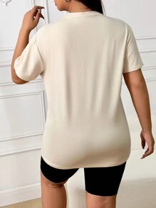 INAWLY 大码圆领短袖字母和天鹅印花休闲上衣女式夏季图案 T 恤 - 杏色 - 查看 2