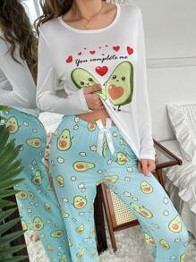 Ensemble de pyjama pour femmes avec haut à manches longues et pantalon long, imprimé avocat