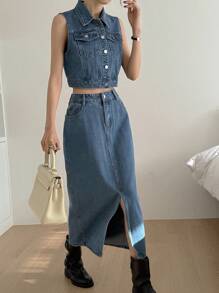 DAZY Women's Denim 2 Pieces Set: Sleeveless Top & Skirt - Blue - View 8