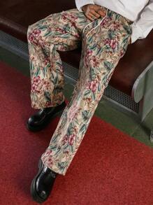 PAVTROS Manfinity Streetrush Men's Floral Print Drawstring Waist Pocket Straight Relaxed Casual Pants - Multicolor - View 5