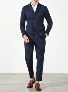 Manfinity Mode Chaqueta de traje de unicolor con solapa entallada y manga larga, y pantalones - conjunto casual para hombre
