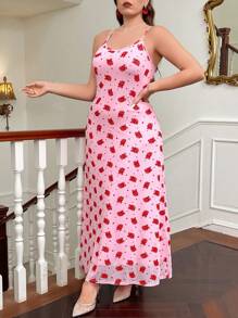SHEIN Privé Plus Size Elegant Simple Romantic Charming Valentine's Day Rose Net Flocked Stretch Fabric Loose Flared Hem Versatile Women Dress, Spring/Summer - Pink - View 7