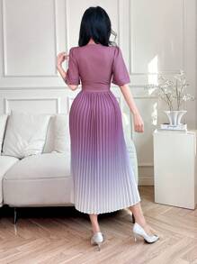 DAZY V-Neck Puff Sleeve Ombre Pleated Waist Midi Dress For Women - Purple - View 2