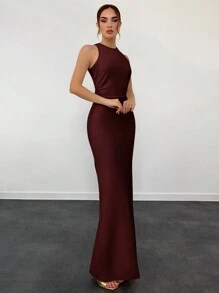 Aloruh Elegant Champagne Color Satin Backless Dress For Women - Burgundy - View 5