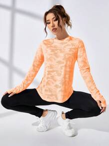 SHEIN Sports Solid Color Breathable Cross Back Wrap-Around Sports T-Shirt - Orange - View 3