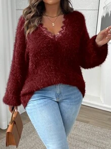SHEIN Clasi Women's Plus Size Burgundy Loose Knitted V-Neck Contrast Lace Sweater,Elegant Thick Pullover For Autumn Date Night,Christmas & Valentine's Day Gift - Red - View 6