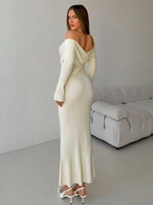 Aloruh Elegante off-shoulder crossover wrap bodycon zeemeermin lange mouwen gebreide trui jurk voor dames, abrikoos, warm voor dagelijkse dates, herfst/winter