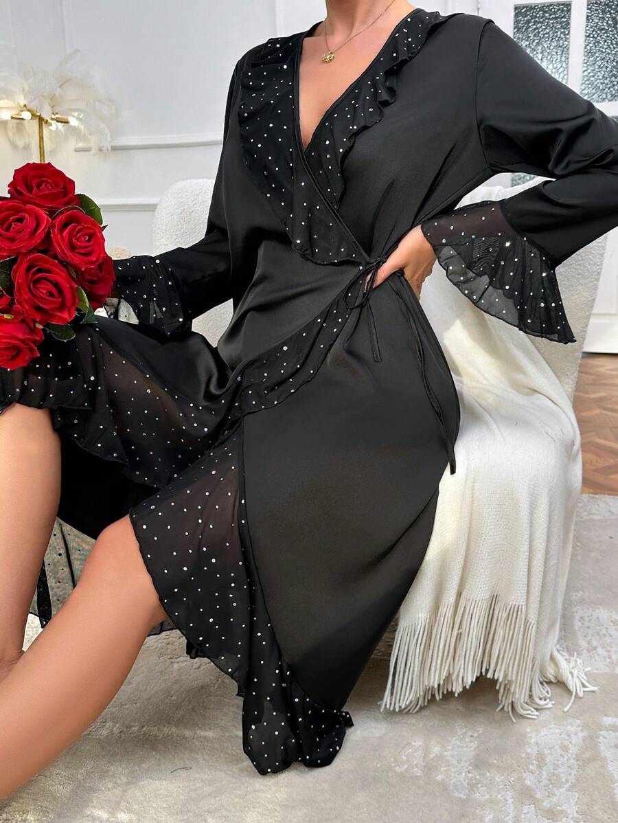 Women's Polka Dot Ruffle Flared Sleeve Elegant Sleepwear Robe - Black - View 1