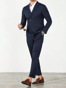 Manfinity Mode Chaqueta de traje de unicolor con solapa entallada y manga larga, y pantalones - conjunto casual para hombre