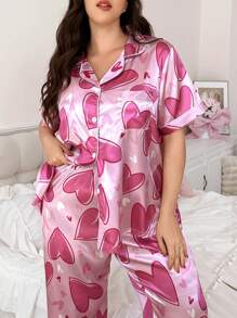 Conjunto de pijama de talla grande de manga corta y pantalón largo con estampado de corazón en tela de seda sintética