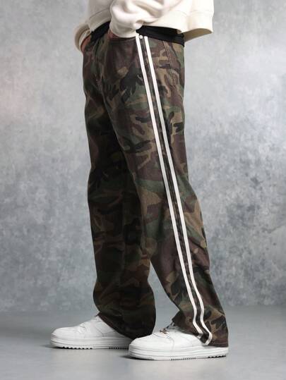 SUMWON 军用工装风格直筒裤，侧条纹设计，战术作战裤，街头时尚，四季耐穿裤，带撞色胶带