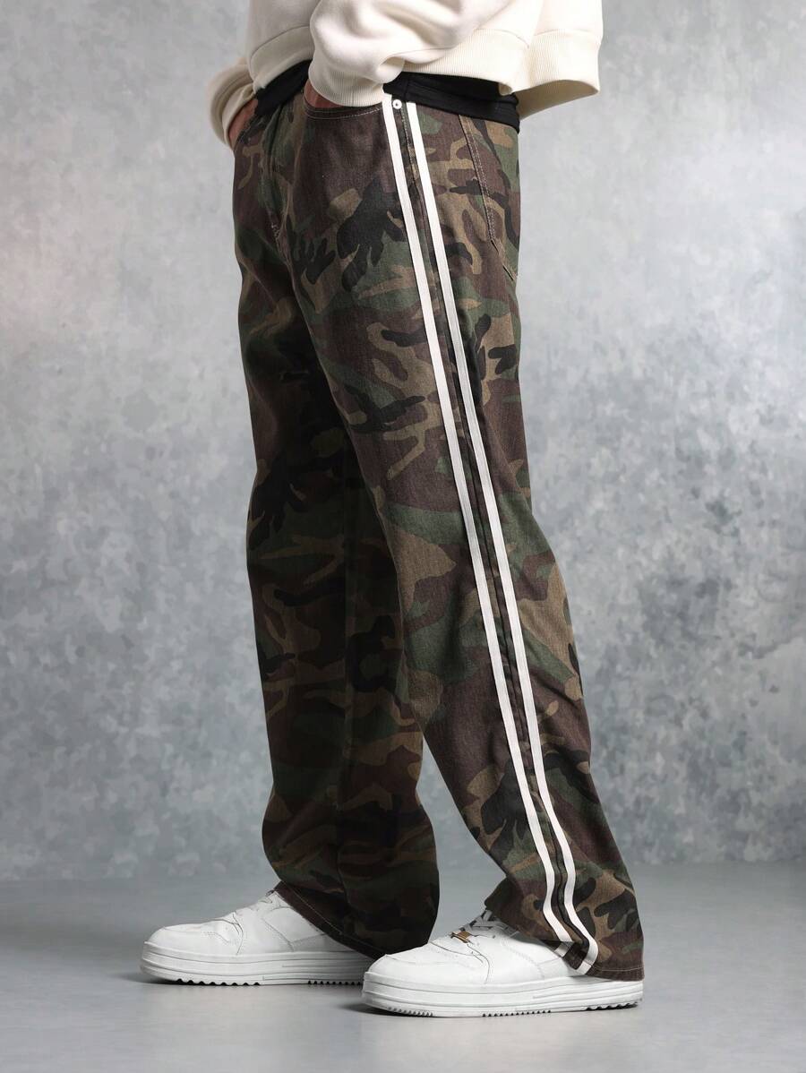 SUMWON 军用工装风格直筒裤，侧条纹设计，战术作战裤，街头时尚，四季耐穿裤，带撞色胶带