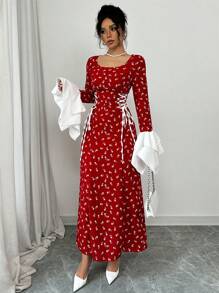 Modelyn 女款编织印花圆领撞色收腰 A 字连衣裙