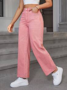 素色高腰闊腿斜口袋牛仔褲 - 粉色 - 查看 3