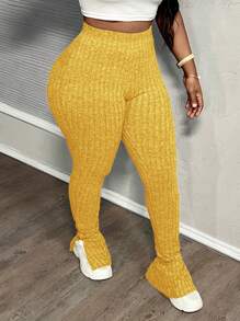 Slaydiva Casual Home Elastic Waist Ribbed Fleece Hem Slit-Side Flare Pants, Navy Blue - Yellow - View 4