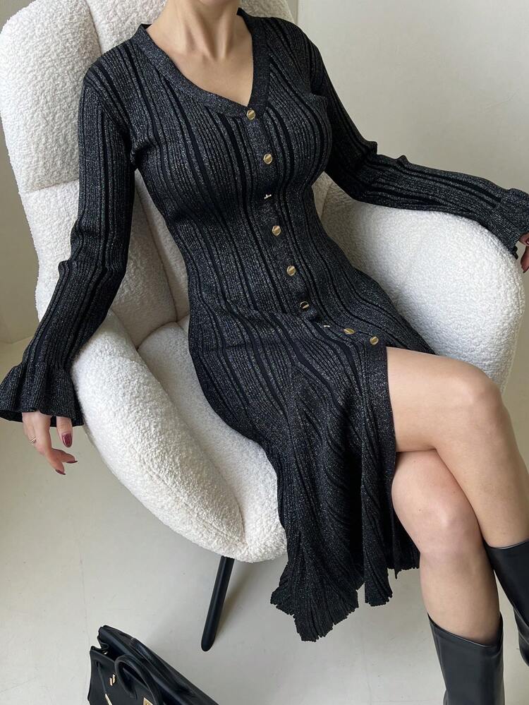 Women's Waist Fitted Flared Sleeve Fish Tail Sweater Dress