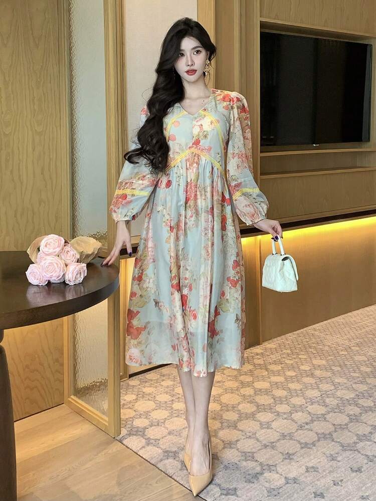 Women's V-Neck Long Sleeve Floral Allover Print Casual Dress Boho,Fall Dress Maxi Dress