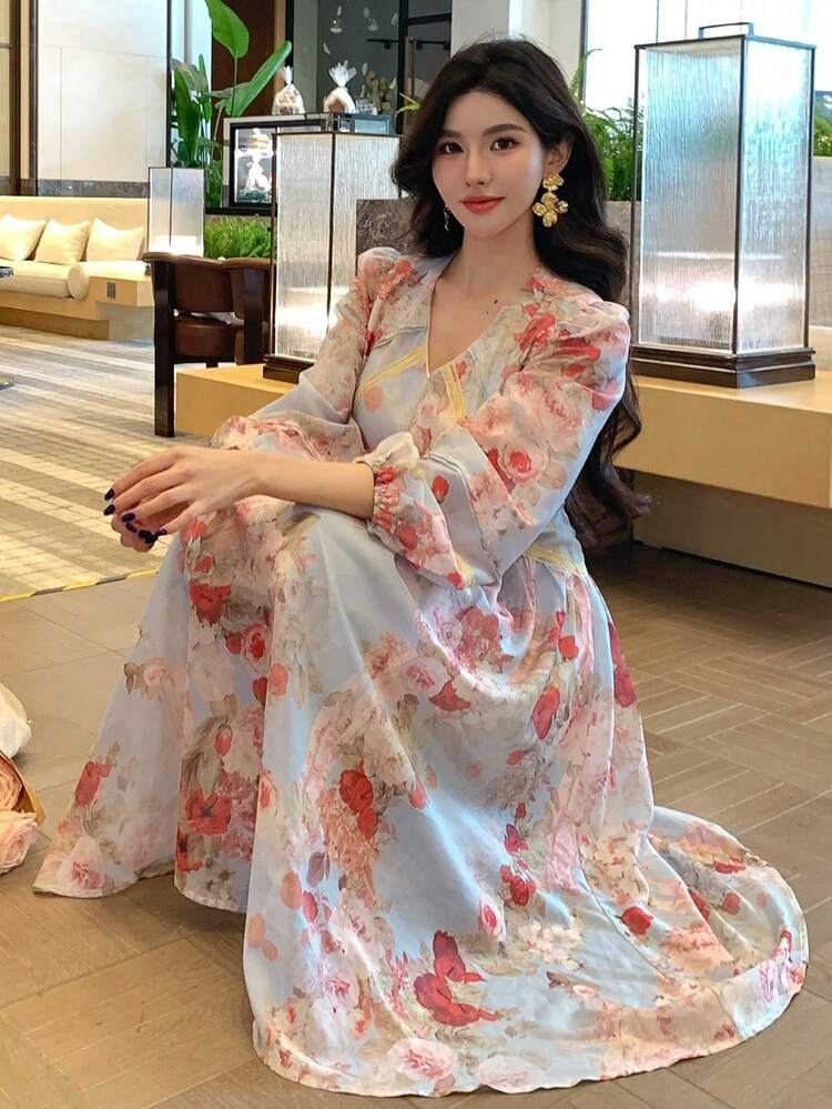 Women's V-Neck Long Sleeve Floral Allover Print Casual Dress Boho,Fall Dress Maxi Dress