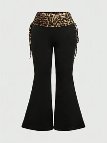ROMWE Spring/Summer 2pcs/Set Plus Size Women Rhinestone Letter & Leopard Print Strapless Tube Drawstring Top And Pants Sexy Outfit, For Summer - Black - View 7