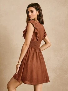 Poéselle Vestido línea A unicolor ribete con fruncido con botón delantero - Marrón Mocha - Ver 5