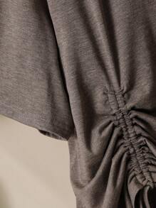 Lacomfia Plus Size Women Jednolity Kolor Okrągły Dekolt Opuszczone Ramiona Ściągacz Luźny T-shirt