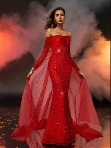 Glamrae Elegant Red Luxurious Three-Dimensional Sequined One-Shoulder Mesh Long-Sleeved Fishtail-Shaped Back Panel With Extra-Large Floating Panels And Tail New Year's Eve Lady's Heavy-Duty Dinner Dress - Red - View 5