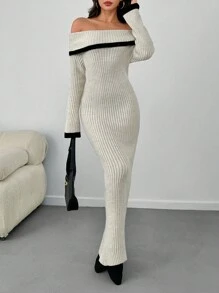 SHEIN Tall Elegancka, słodka, kontrastowa koronka, szczegółowa melanżowa przędza, opadające ramiona, dekolt Madonny, prążkowana dzianina, spódnica w kształcie litery A, długa sukienka swetrowa - Beżowy - Zobacz 3