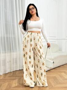 SHEIN EZwear Plus Size Women's Pants,Bear Print Pocketed Wide Leg Loose Pants,Spring Summer,College Students - Multicolor - View 2
