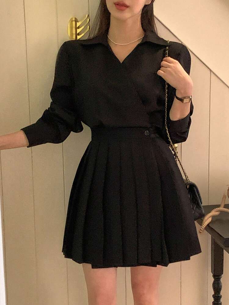 Women Long Sleeve High Waist Pleated Short Dress Shirt Dress,Fall Dress