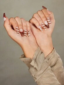 ROMWE 10pcs High Quality Punk Style Leopard Print Handmade False Nails + 3 Sheets Double-Sided Adhesive, Y2K Gothic Chain Leopard Nail Arts, Removable & Reusable, Suitable For Festivals, Parties, Dancing & Daily Wear, Halloween