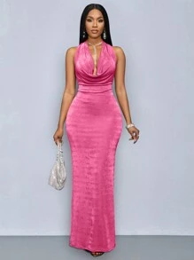 SOLERSUN 女士冬季服装时尚纯色露背大腿美人鱼下摆紧身性感连衣裙，适合圣诞派对度假和约会、情人节约会 - 粉色 - 查看 6