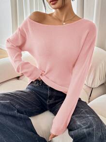SHEIN SXY Solid Pink Wide Collar Sexy Sweater, Long Sleeve Top In Fall/Winter