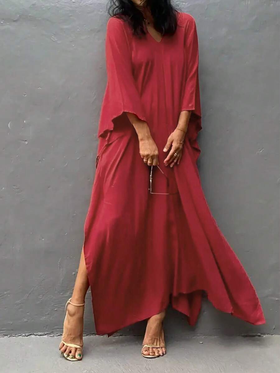Vacation Style Loose V-Neck Flared Long Sleeved Hem Slit Dress - Red - View 1