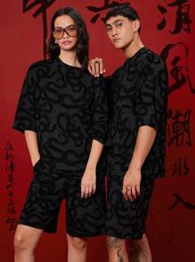 Manfinity VCAY 2pcs/Set Streetwear Full-Print Snake Pattern Knitted Flocking Loose Drop Shoulder Crew Neck Sweatshirt And Mid-Waist Straight Leg Shorts Suit - Black - View 3