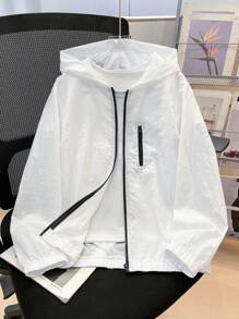 SHEIN Leap Crew Tween Boy Casual Hooded Contrast Color Zipper Lightweight Windbreaker Jacket, Suitable For Autumn, Spring And Summer, Perfect For Outdoor Play, Schooling, Street Style, Parties And Leisure - White - View 4