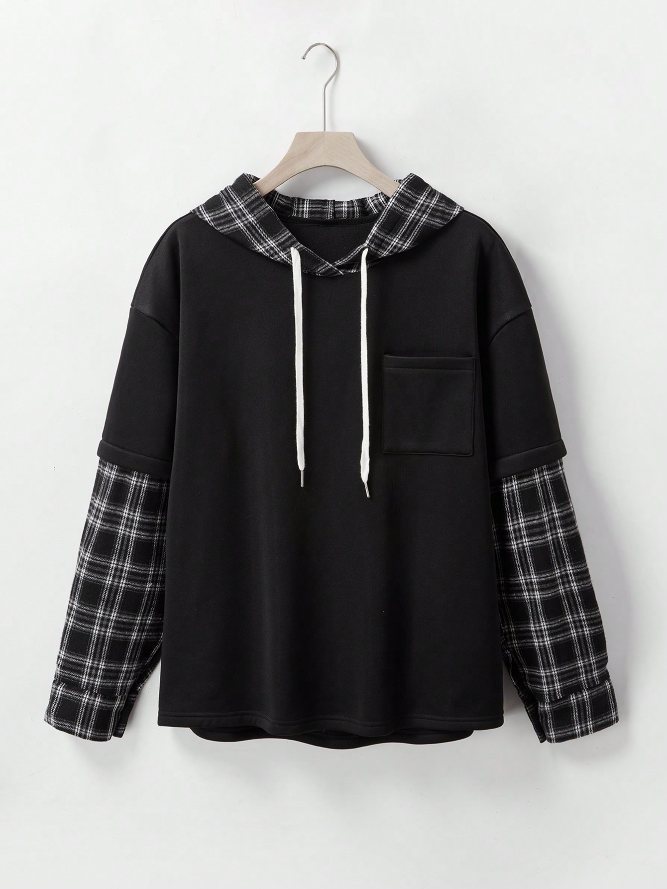 SHEIN Manfinity Dauomo Men's Contrast Plaid Splicing Hooded Sweatshirt