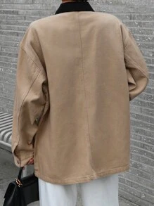 DAZY Chaqueta vaquera suelta de manga larga con bolsillo, hombros caídos y cuello de color contrastante para mujeres