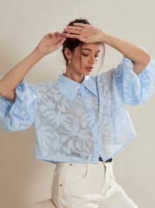 Aveloria Rosie 提花泡泡袖前扣衬衫 女式纽扣衬衫 - 淺藍色 - 查看 5