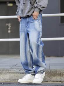 Claim Dot Plus Size Men's Pocketed Wide Leg Loose Casual Denim Jeans - Blue - View 3