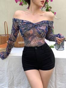 DAZY Blusa bohemia de mujer con estampado floral de malla transparente, hombros descubiertos, mangas largas, para vacaciones de verano, blusas bohemias, top hombros descubiertos, ropa de mujer para otoño