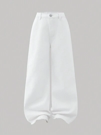 Tween 女童休闲基本款舒适优雅清新开脚阔腿牛仔裤，学院风，纯白色