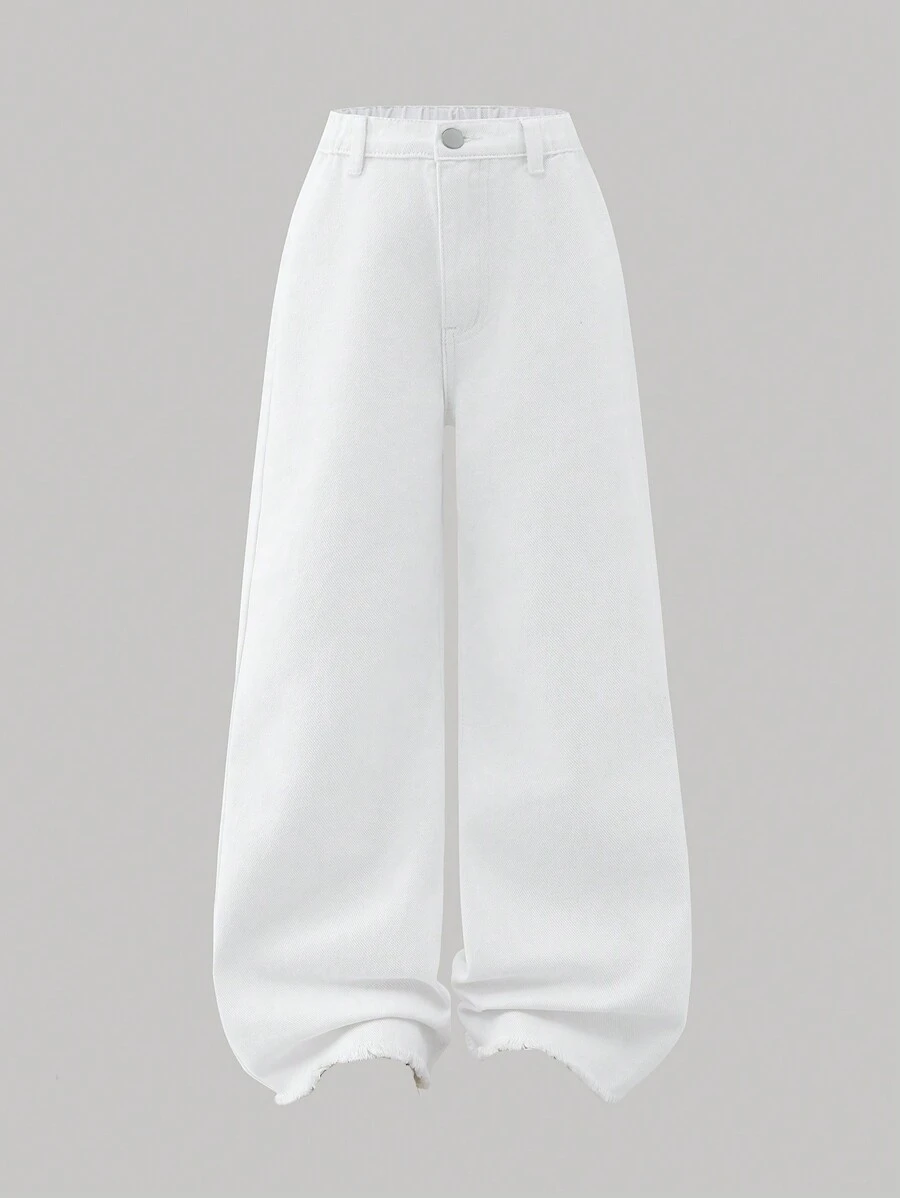 Tween Girls' Casual Basic Comfortable Elegant Fresh Open Hem Wide Leg Jeans, College Style, Pure White Summer Holiday